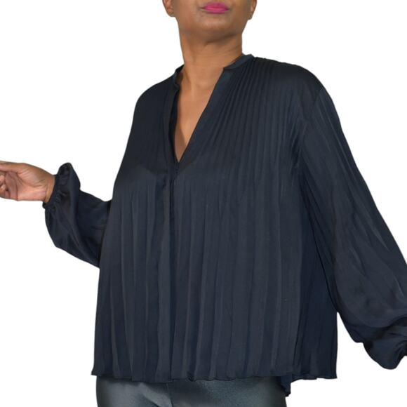 Vince Pleated Blouse Blue Dressy Swing Button Front Long Sleeve Oversized Top XS - Picture 8 of 14